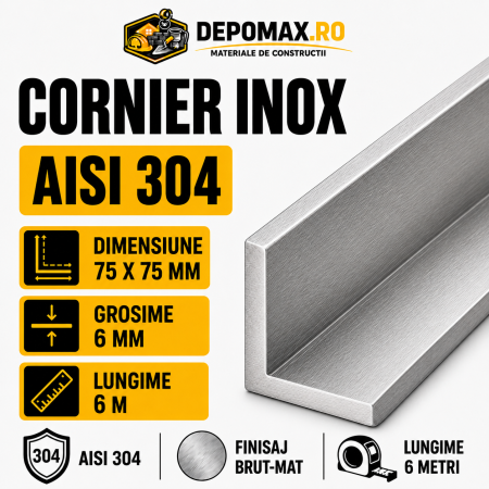 Cornier inox AISI 304, 75 x 75 x 6 mm, 6 metri